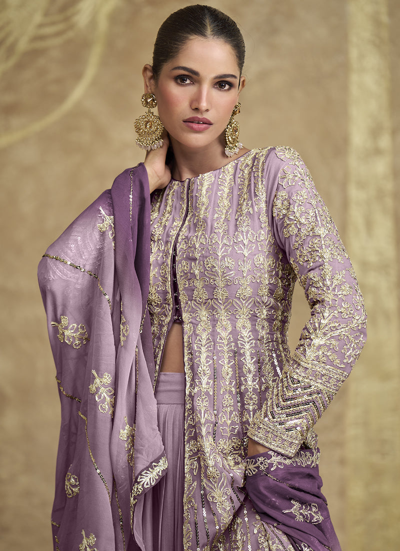 Vegaa Fashion Lavender Real Georgette Embroidered Lehenga Style Suit | Grocsy