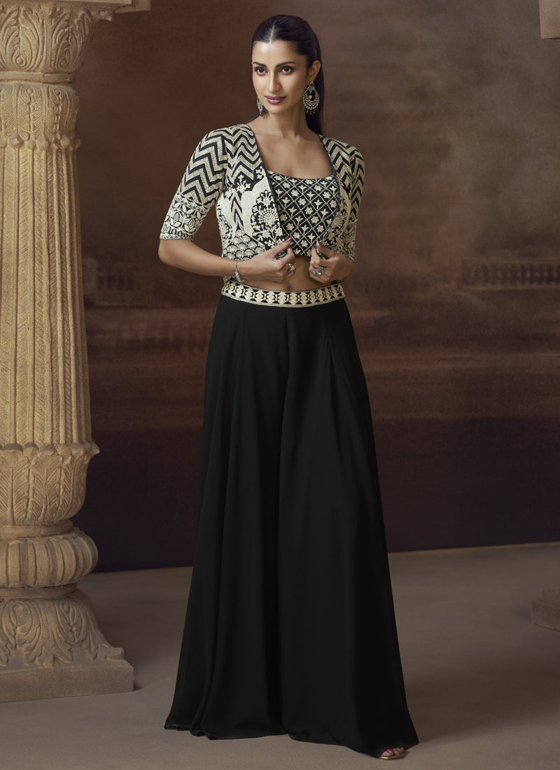 Vegaa Fashion Black Real Chinon Silk Embroidered Jacket Style Palazzo Suit | Grocsy