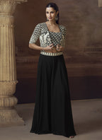 Vegaa Fashion Black Real Chinon Silk Embroidered Jacket Style Palazzo Suit | Grocsy
