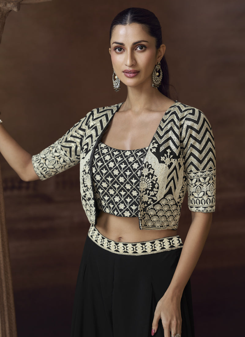Vegaa Fashion Black Real Chinon Silk Embroidered Jacket Style Palazzo Suit | Grocsy