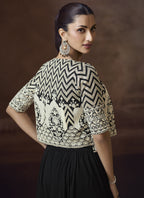 Vegaa Fashion Black Real Chinon Silk Embroidered Jacket Style Palazzo Suit | Grocsy