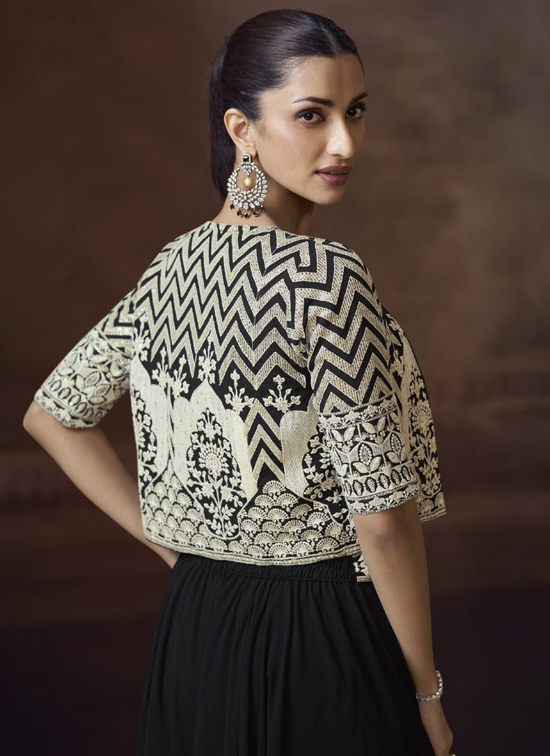 Vegaa Fashion Black Real Chinon Silk Embroidered Jacket Style Palazzo Suit | Grocsy