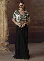 Vegaa Fashion Black Real Chinon Silk Embroidered Jacket Style Palazzo Suit | Grocsy