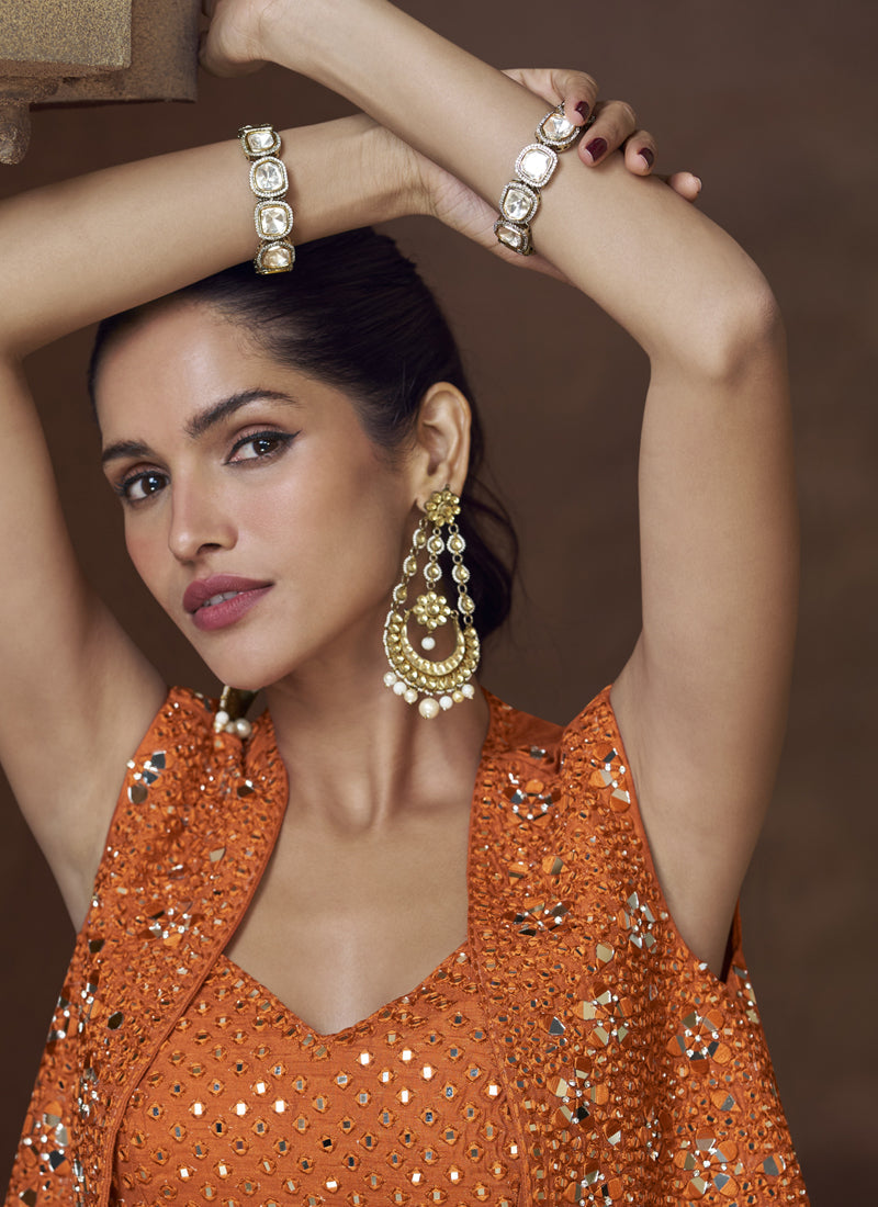 Vegaa Fashion Orange Real Chinon Silk Embroidered Jacket Style Palazzo Suit | Grocsy