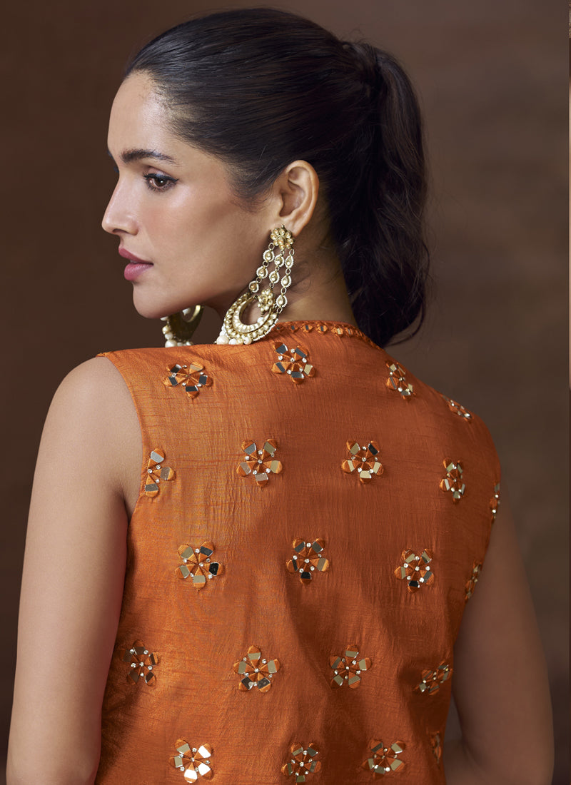 Vegaa Fashion Orange Real Chinon Silk Embroidered Jacket Style Palazzo Suit | Grocsy
