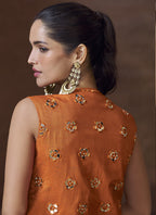 Vegaa Fashion Orange Real Chinon Silk Embroidered Jacket Style Palazzo Suit | Grocsy