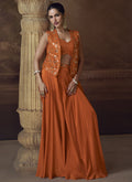 Vegaa Fashion Orange Real Chinon Silk Embroidered Jacket Style Palazzo Suit | Grocsy