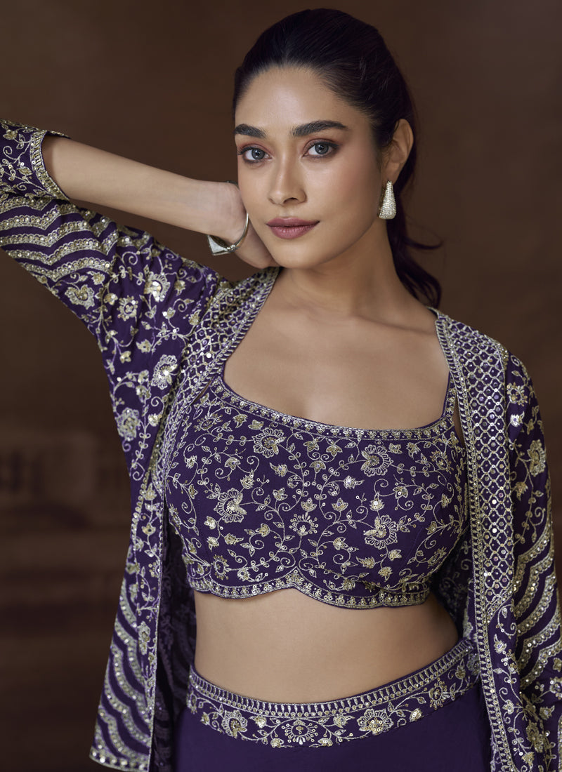 Vegaa Fashion Violet Real Chinon Silk Embroidered Jacket Style Palazzo Suit | Grocsy