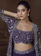 Vegaa Fashion Violet Real Chinon Silk Embroidered Jacket Style Palazzo Suit | Grocsy