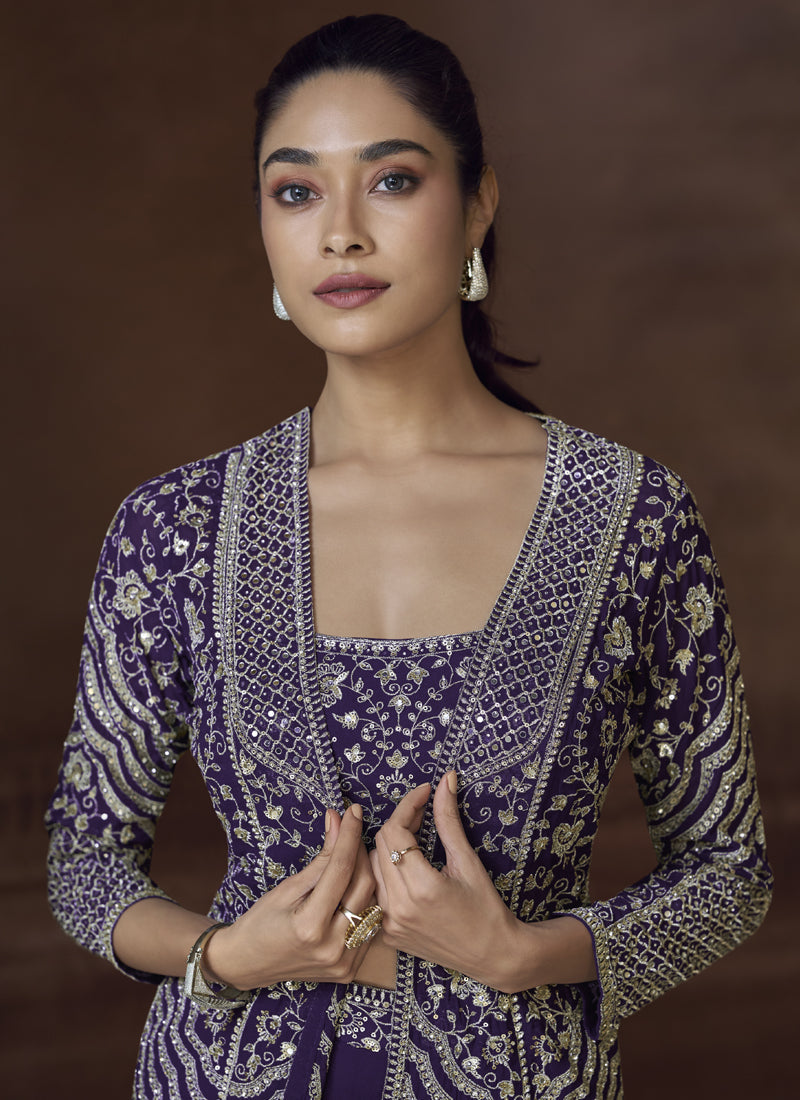 Vegaa Fashion Violet Real Chinon Silk Embroidered Jacket Style Palazzo Suit | Grocsy