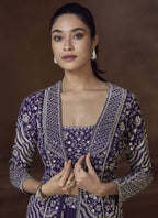 Vegaa Fashion Violet Real Chinon Silk Embroidered Jacket Style Palazzo Suit | Grocsy