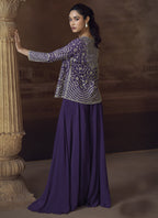 Vegaa Fashion Violet Real Chinon Silk Embroidered Jacket Style Palazzo Suit | Grocsy