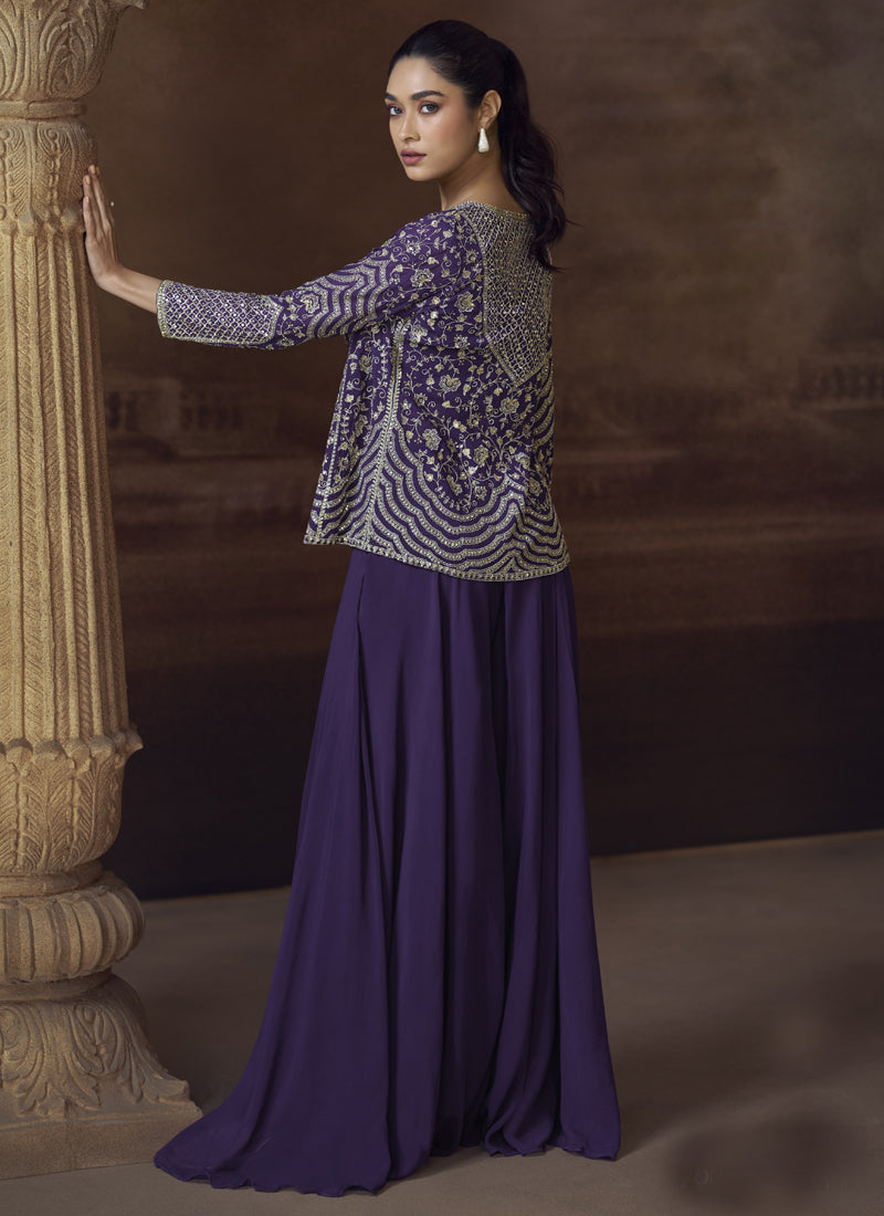 Vegaa Fashion Violet Real Chinon Silk Embroidered Jacket Style Palazzo Suit | Grocsy