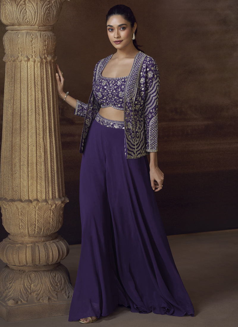 Vegaa Fashion Violet Real Chinon Silk Embroidered Jacket Style Palazzo Suit | Grocsy