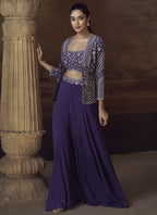 Vegaa Fashion Violet Real Chinon Silk Embroidered Jacket Style Palazzo Suit | Grocsy