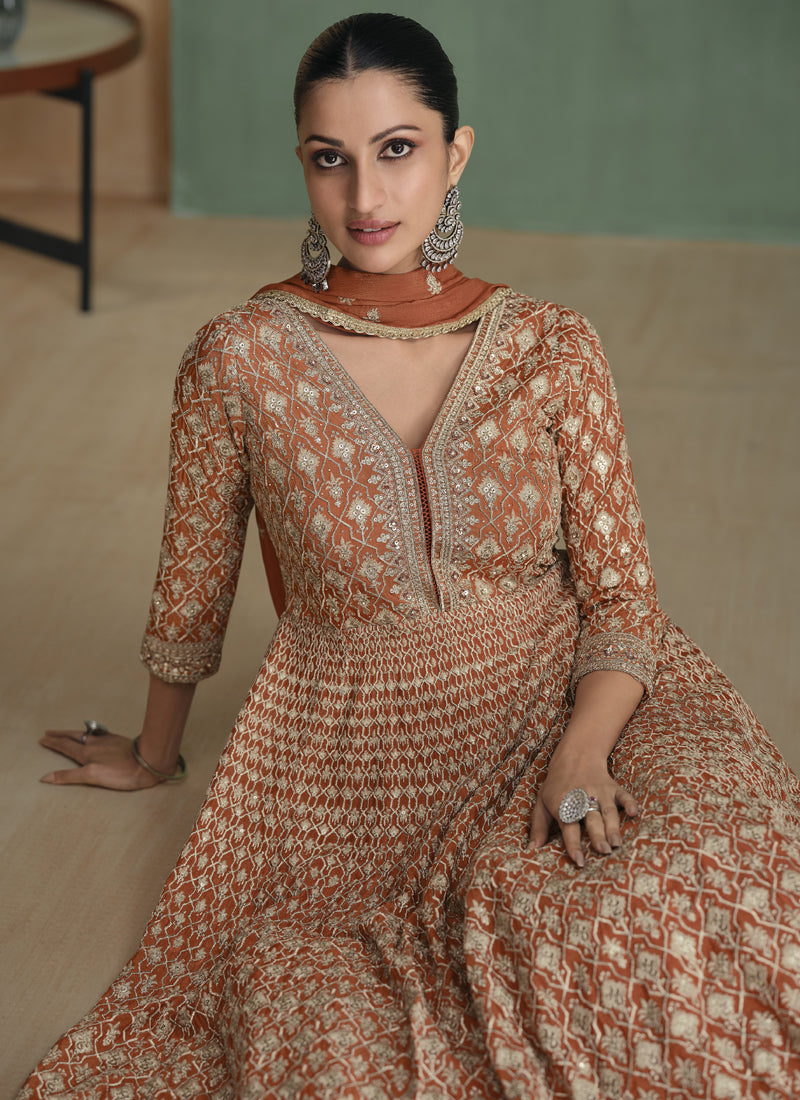 Vegaa Fashion Light Brown Real Georgette Embroidered Anarkali Suit | Grocsy