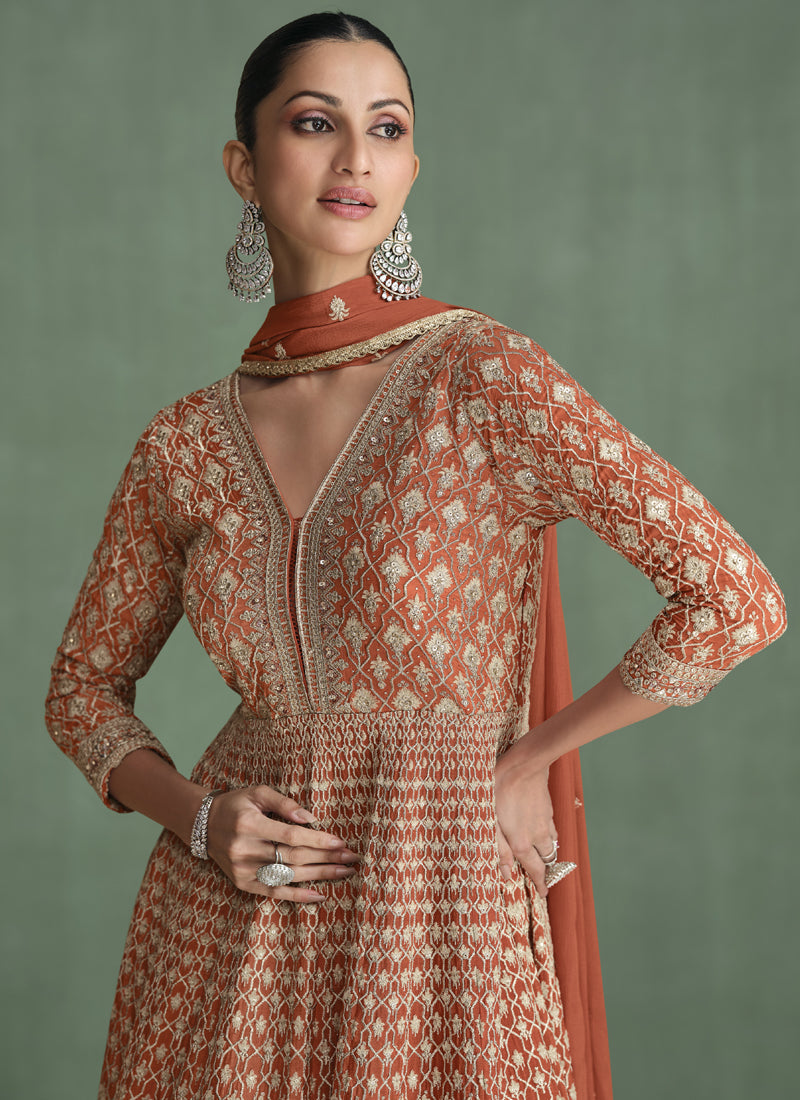 Vegaa Fashion Light Brown Real Georgette Embroidered Anarkali Suit | Grocsy