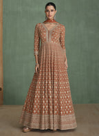 Vegaa Fashion Light Brown Real Georgette Embroidered Anarkali Suit | Grocsy