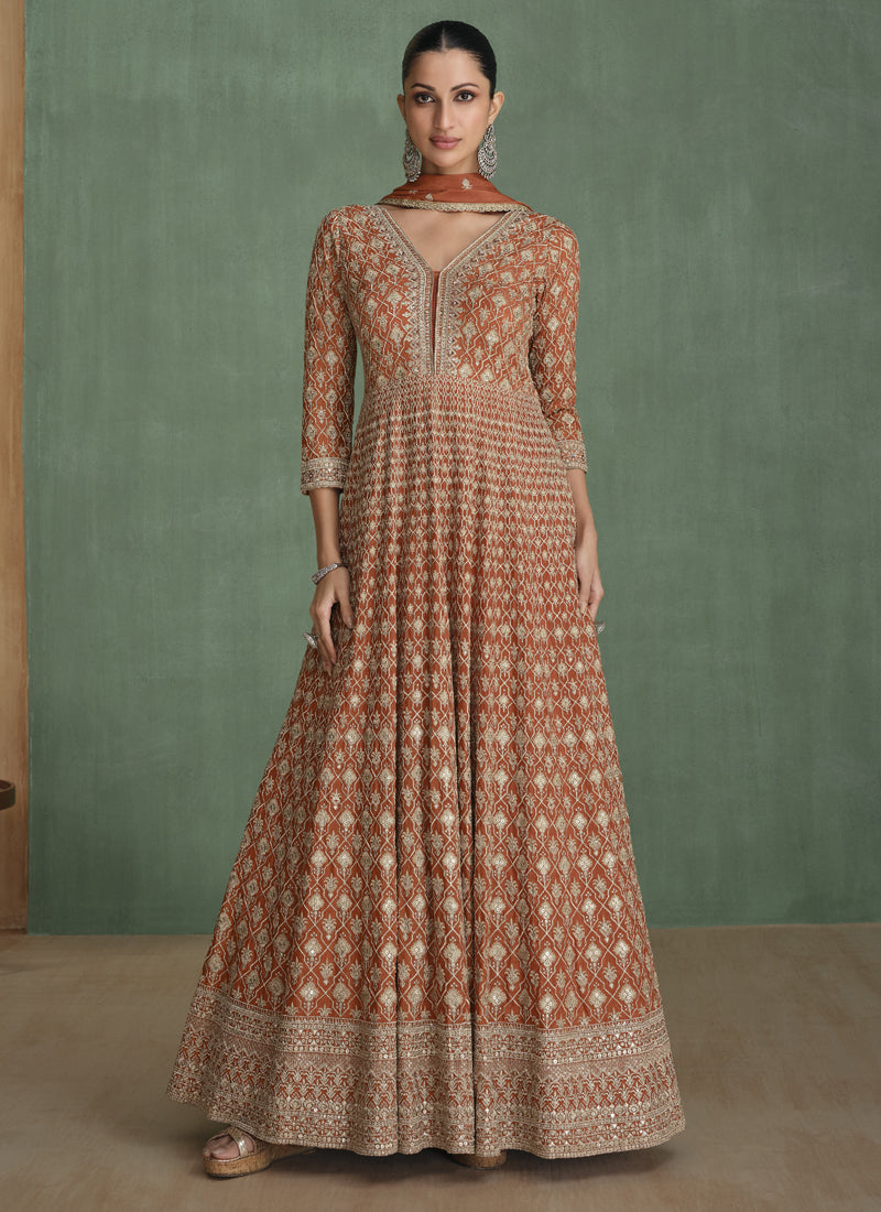 Vegaa Fashion Light Brown Real Georgette Embroidered Anarkali Suit | Grocsy