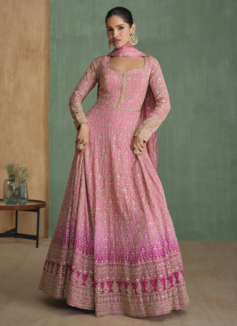Vegaa Fashion Light Pink Real Georgette Embroidered Anarkali Suit | Grocsy