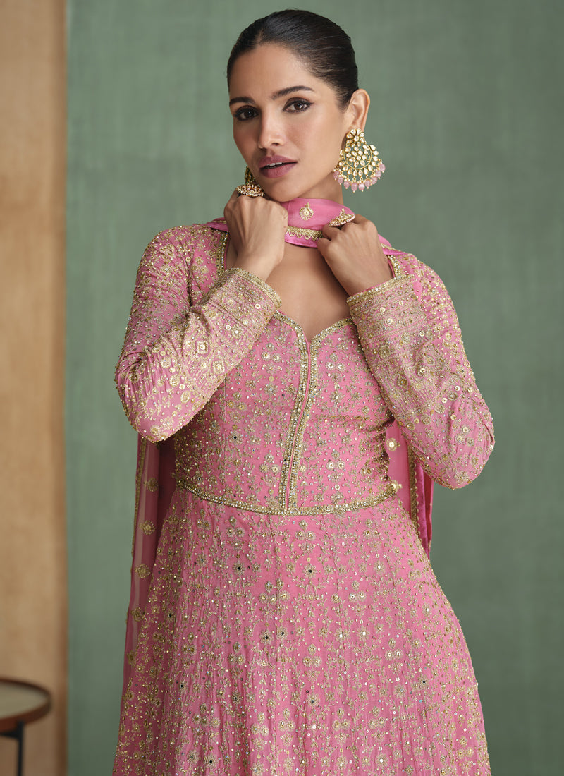 Vegaa Fashion Light Pink Real Georgette Embroidered Anarkali Suit | Grocsy