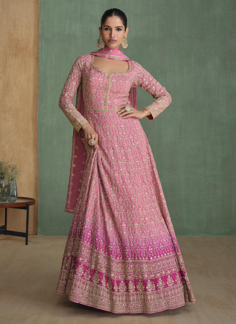 Vegaa Fashion Light Pink Real Georgette Embroidered Anarkali Suit | Grocsy