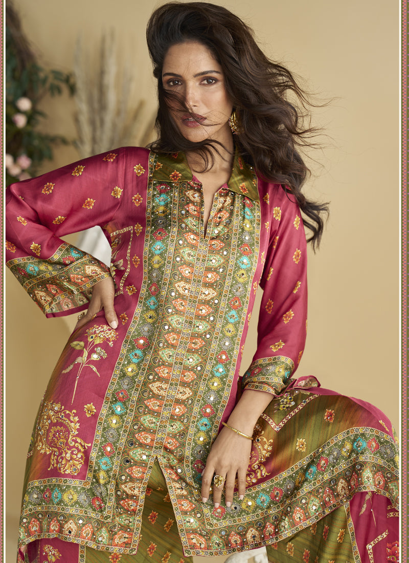Vegaa Fashion Pink Crepe Silk Emblissed Mirror Work Designer Cord Set | Grocsy