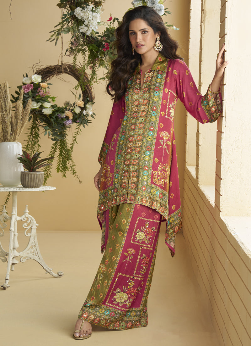Vegaa Fashion Pink Crepe Silk Emblissed Mirror Work Designer Cord Set | Grocsy