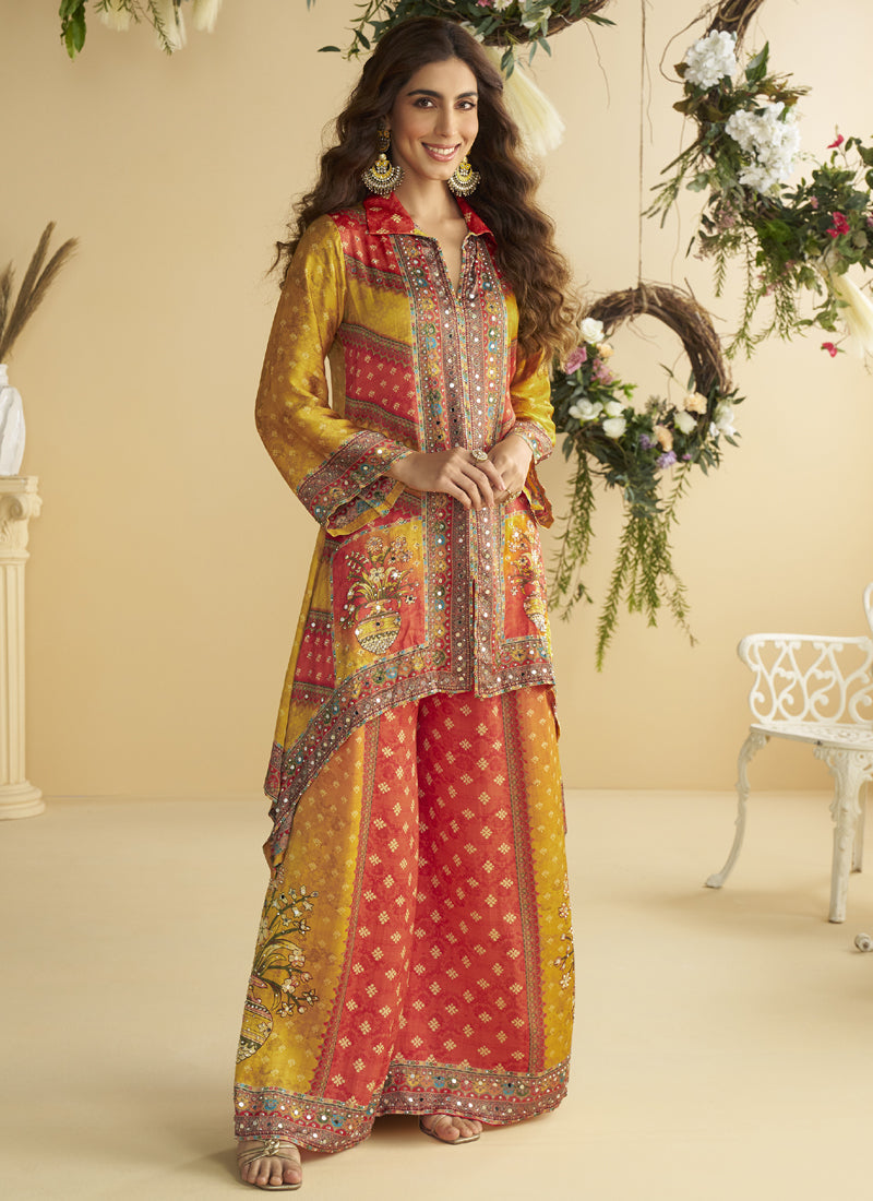 Vegaa Fashion Yellow Crepe Silk Emblissed Mirror Work Designer Cord Set | Grocsy