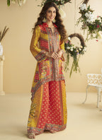 Vegaa Fashion Yellow Crepe Silk Emblissed Mirror Work Designer Cord Set | Grocsy
