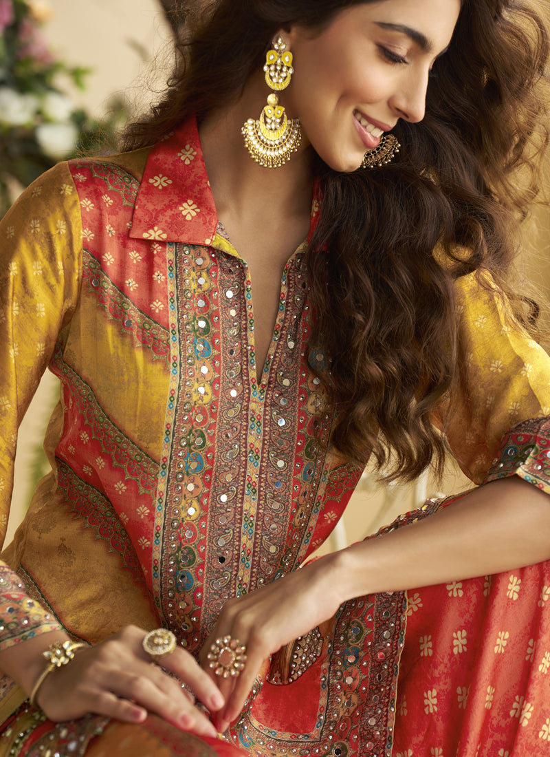 Vegaa Fashion Yellow Crepe Silk Emblissed Mirror Work Designer Cord Set | Grocsy
