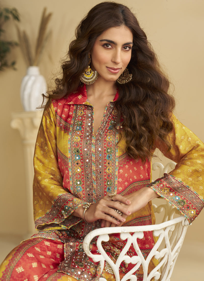Vegaa Fashion Yellow Crepe Silk Emblissed Mirror Work Designer Cord Set | Grocsy