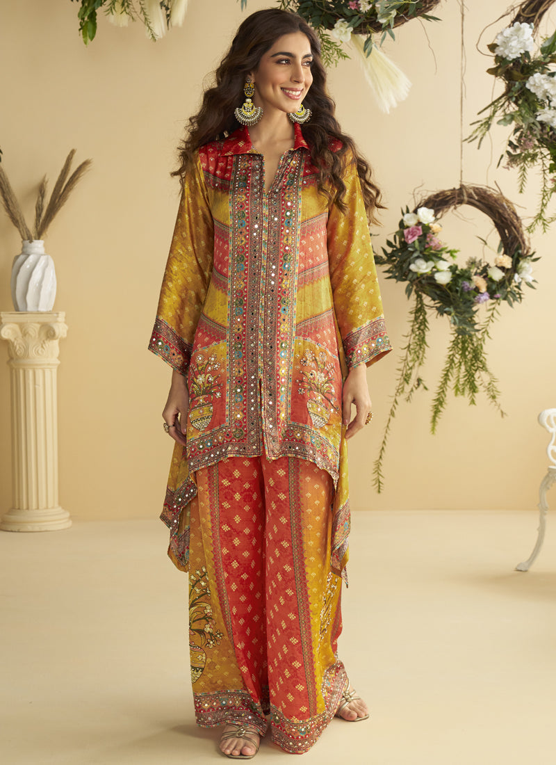 Vegaa Fashion Yellow Crepe Silk Emblissed Mirror Work Designer Cord Set | Grocsy
