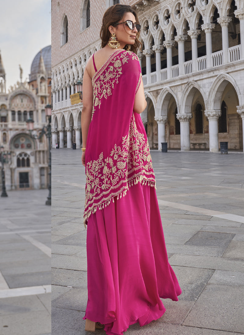 Vegaa Fashion Pink Crepe Silk Embroidered Western Palazzo With Blouse | Grocsy