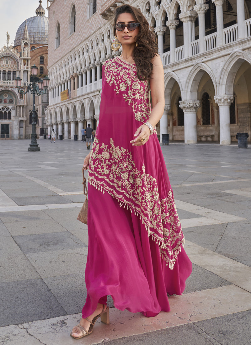 Vegaa Fashion Pink Crepe Silk Embroidered Western Palazzo With Blouse | Grocsy