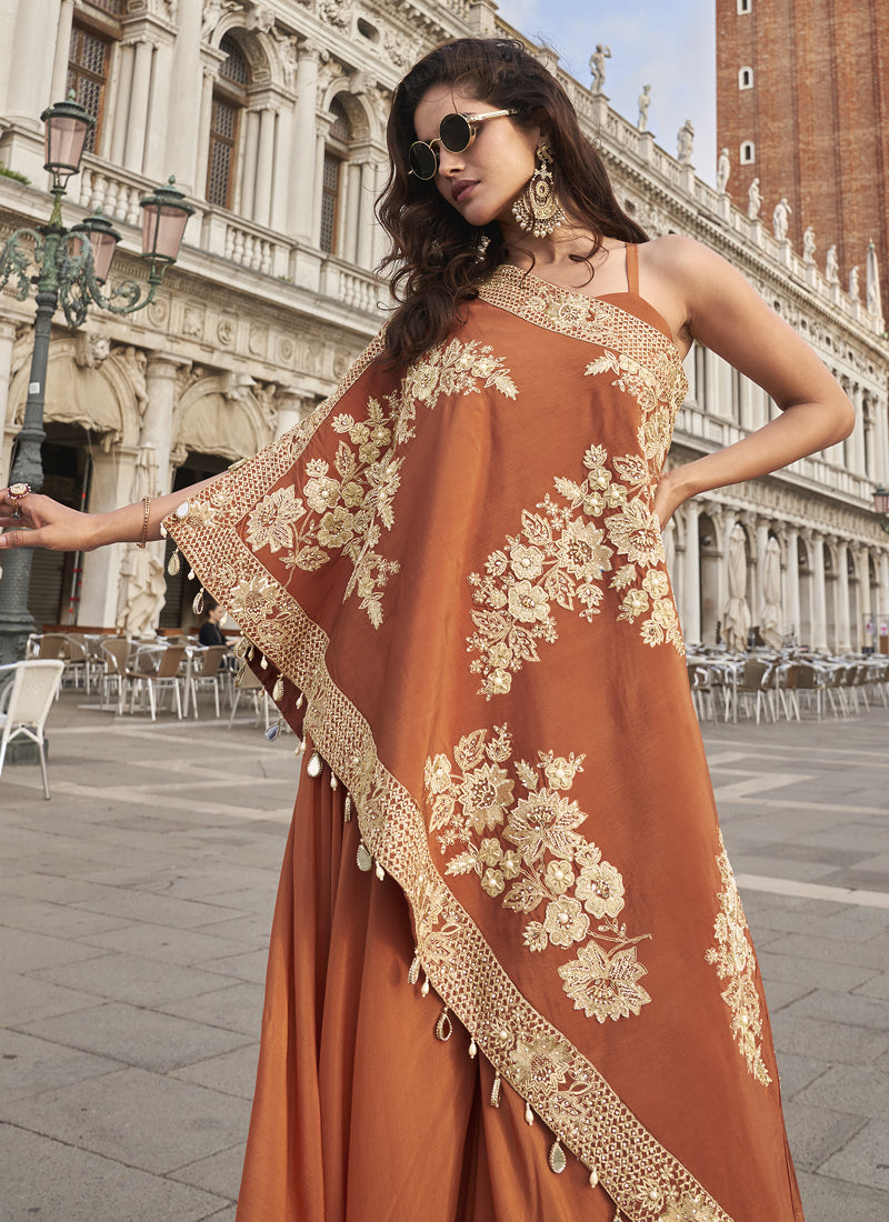 Vegaa Fashion Orange Crepe Silk Embroidered Western Palazzo With Blouse | Grocsy