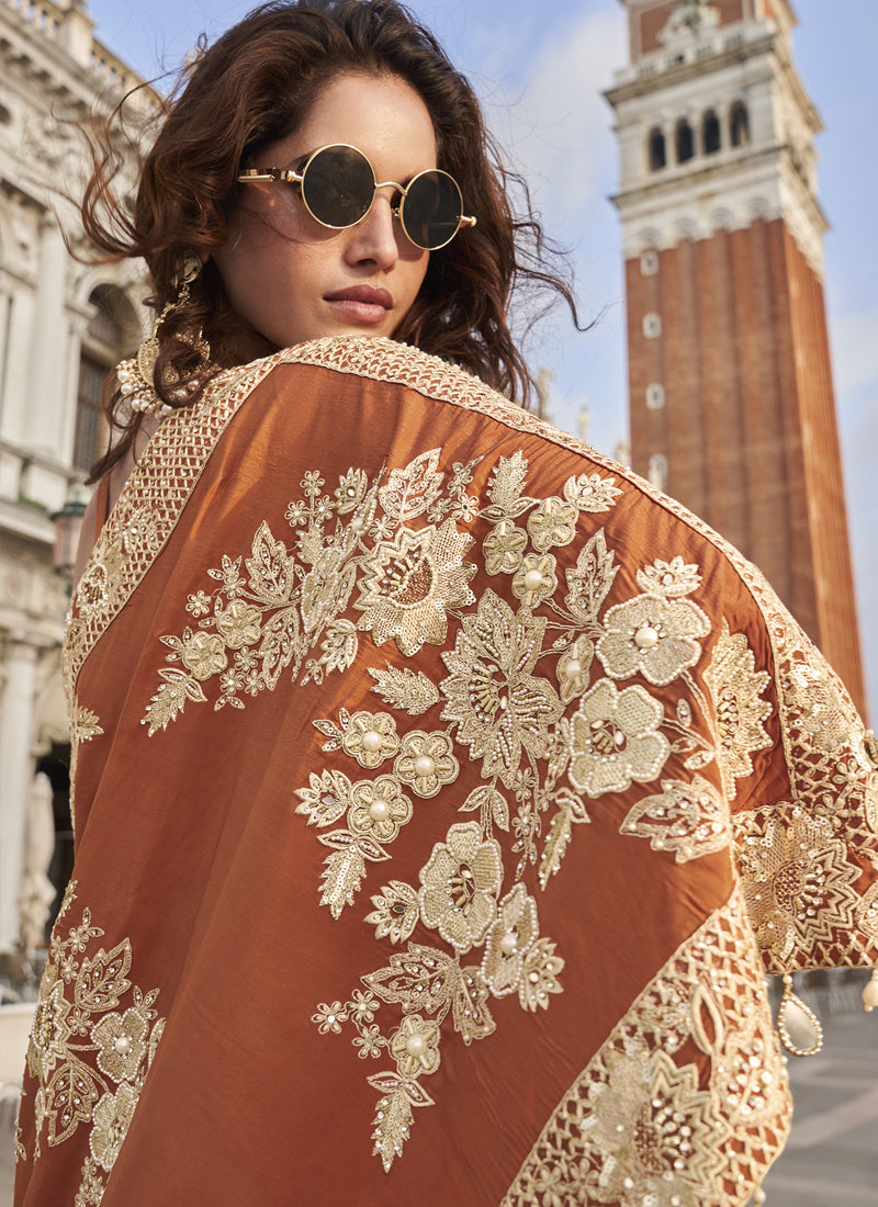 Vegaa Fashion Orange Crepe Silk Embroidered Western Palazzo With Blouse | Grocsy