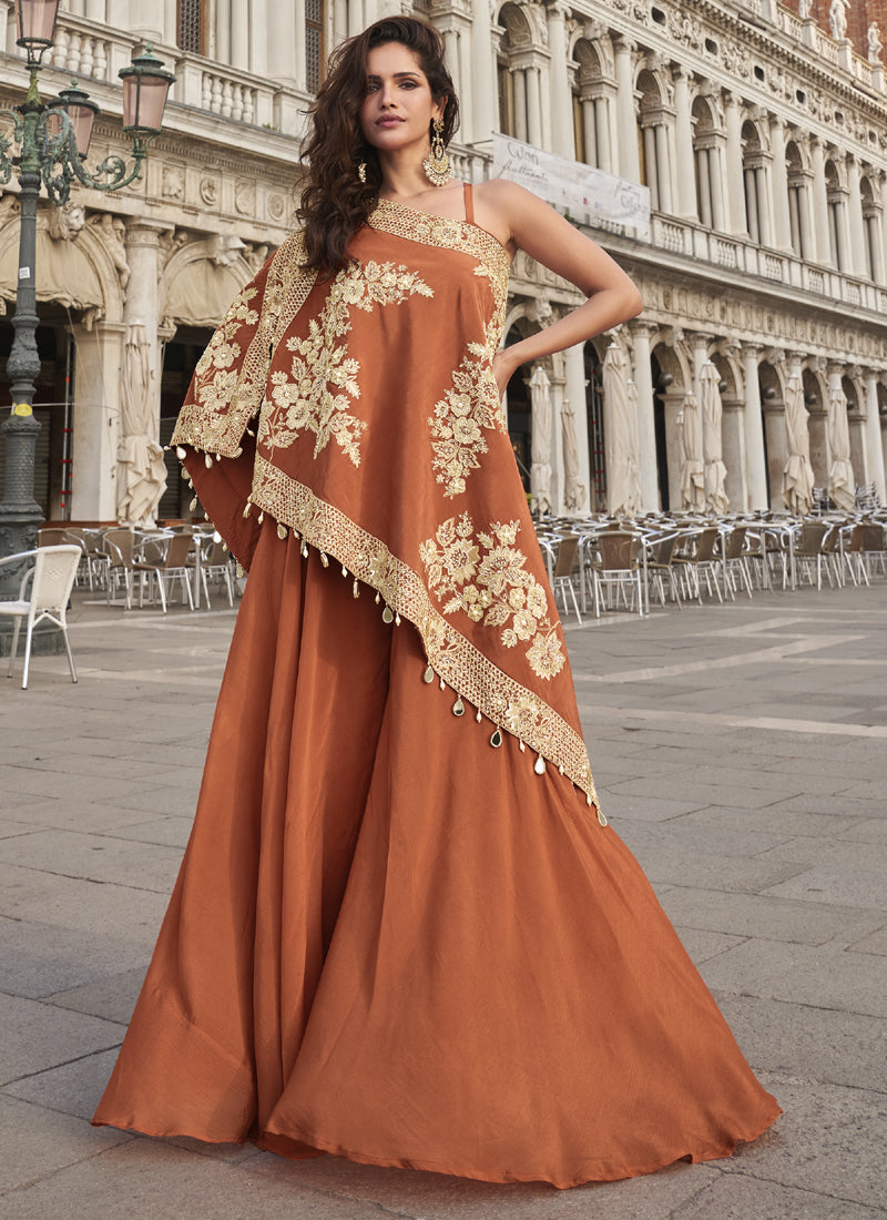 Vegaa Fashion Orange Crepe Silk Embroidered Western Palazzo With Blouse | Grocsy