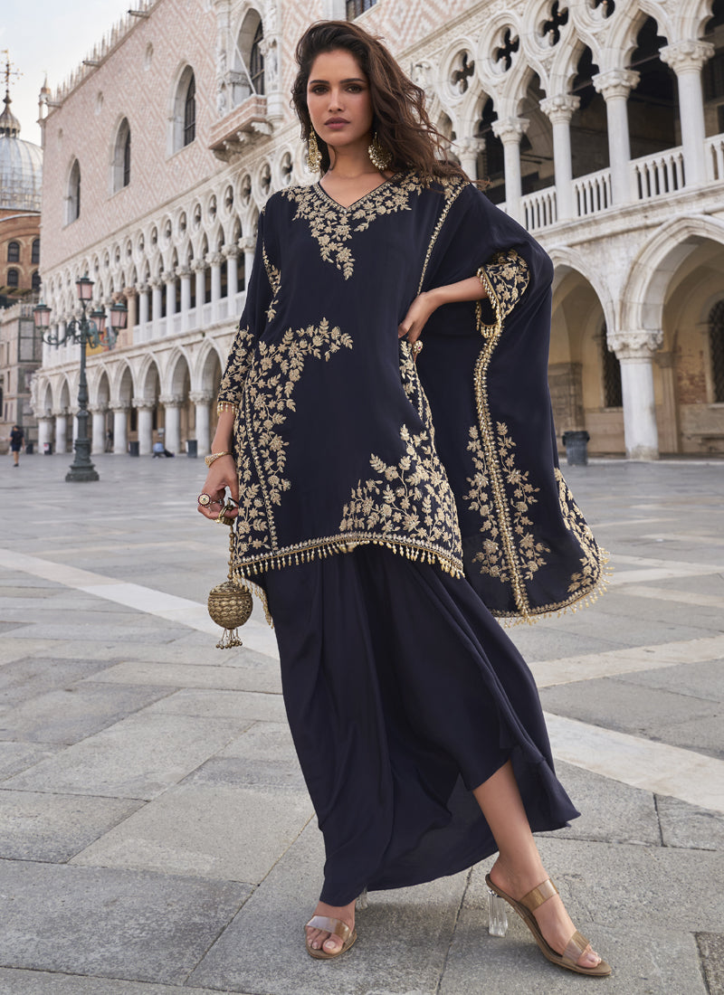 Vegaa Fashion Blue Crepe Silk Embroidered Western Palazzo Suit | Grocsy