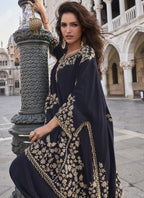 Vegaa Fashion Blue Crepe Silk Embroidered Western Palazzo Suit | Grocsy