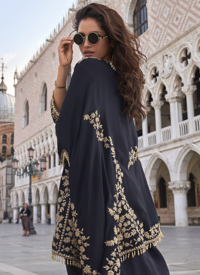 Vegaa Fashion Blue Crepe Silk Embroidered Western Palazzo Suit | Grocsy