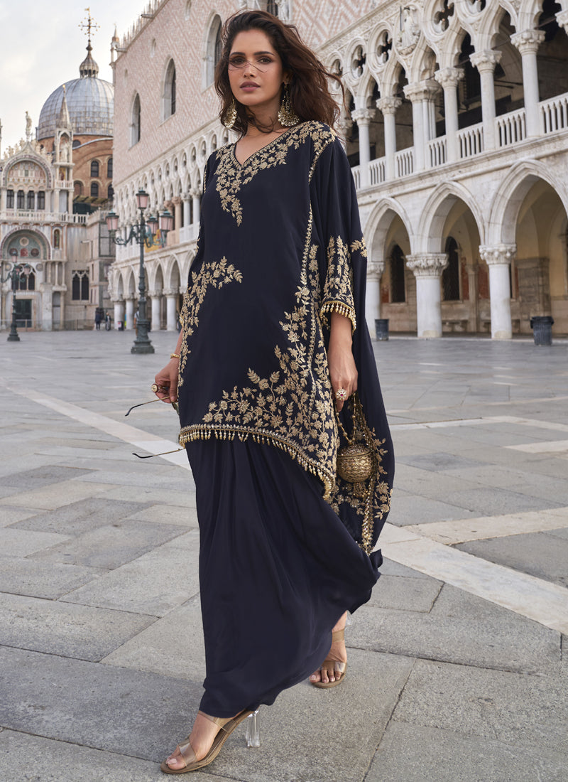Vegaa Fashion Blue Crepe Silk Embroidered Western Palazzo Suit | Grocsy