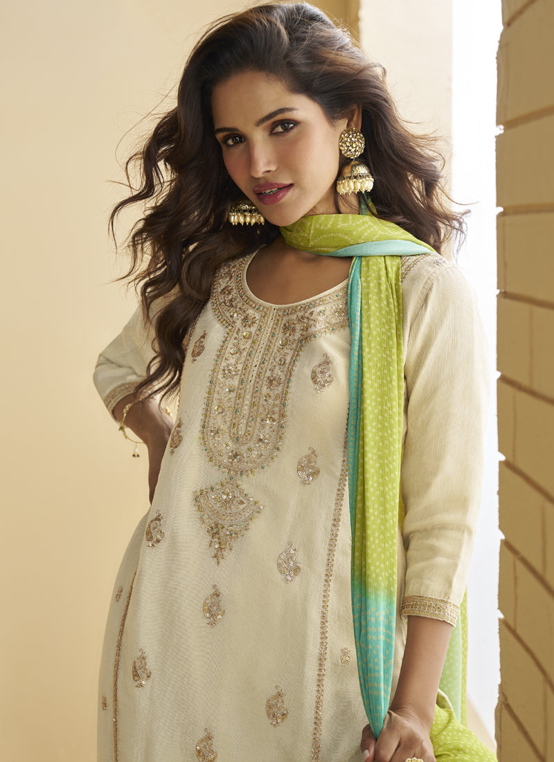 Vegaa Fashion Off White Chinon Silk Embroidered Designer Palazzo Suit | Grocsy