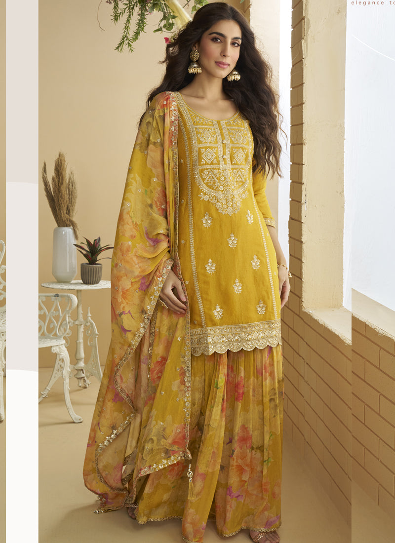 Vegaa Fashion Yellow Chinon Silk Embroidered Designer Palazzo Suit | Grocsy