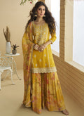 Vegaa Fashion Yellow Chinon Silk Embroidered Designer Palazzo Suit | Grocsy
