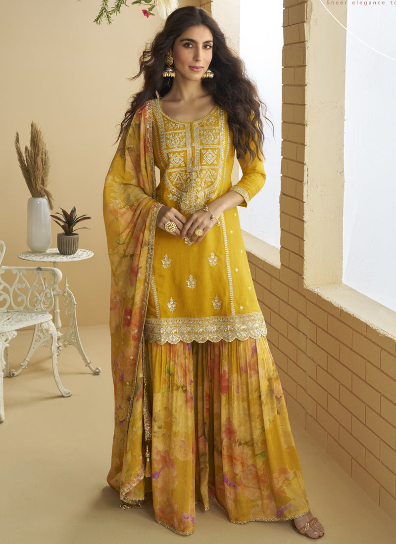 Vegaa Fashion Yellow Chinon Silk Embroidered Designer Palazzo Suit | Grocsy