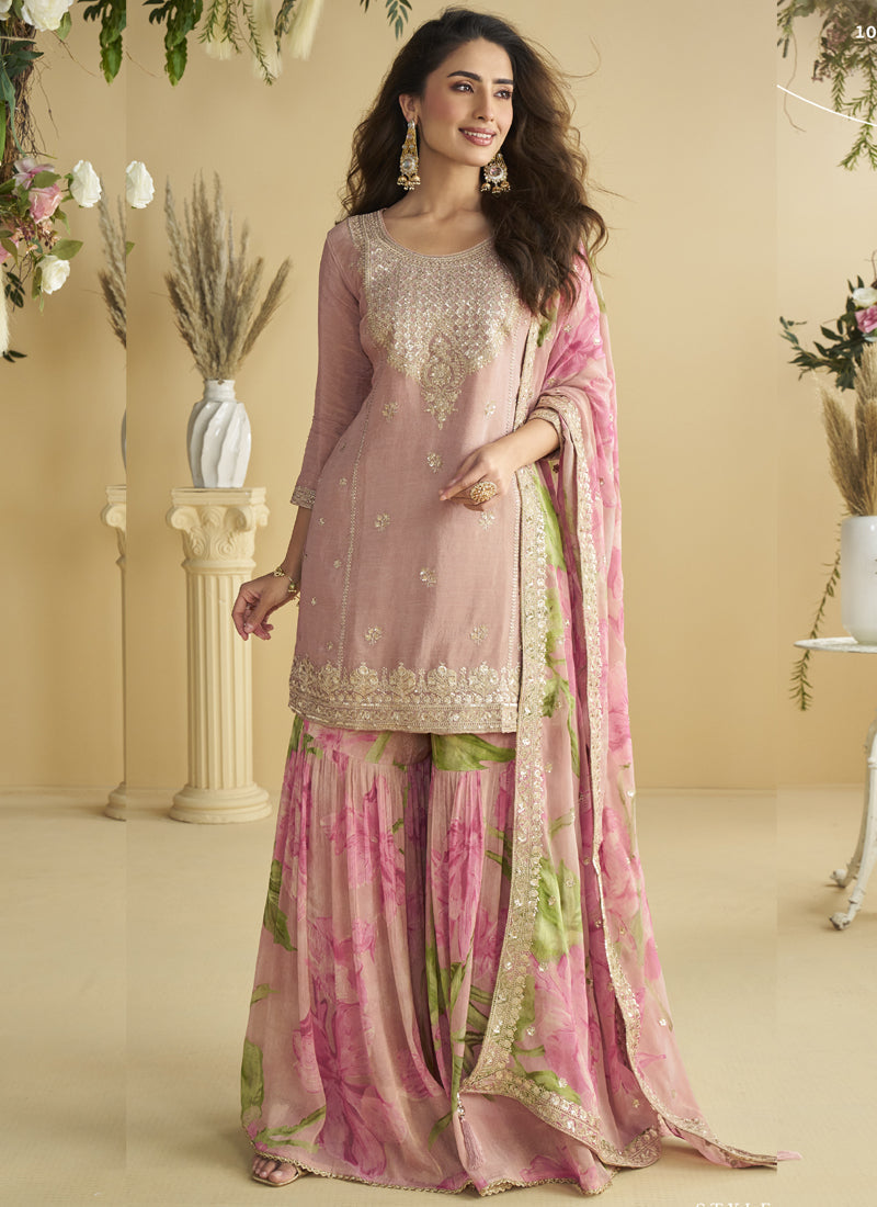 Vegaa Fashion Onion Pink Chinon Silk Embroidered Designer Palazzo Suit | Grocsy
