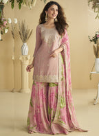Vegaa Fashion Onion Pink Chinon Silk Embroidered Designer Palazzo Suit | Grocsy