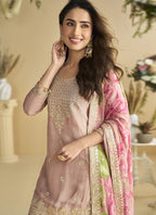 Vegaa Fashion Onion Pink Chinon Silk Embroidered Designer Palazzo Suit | Grocsy