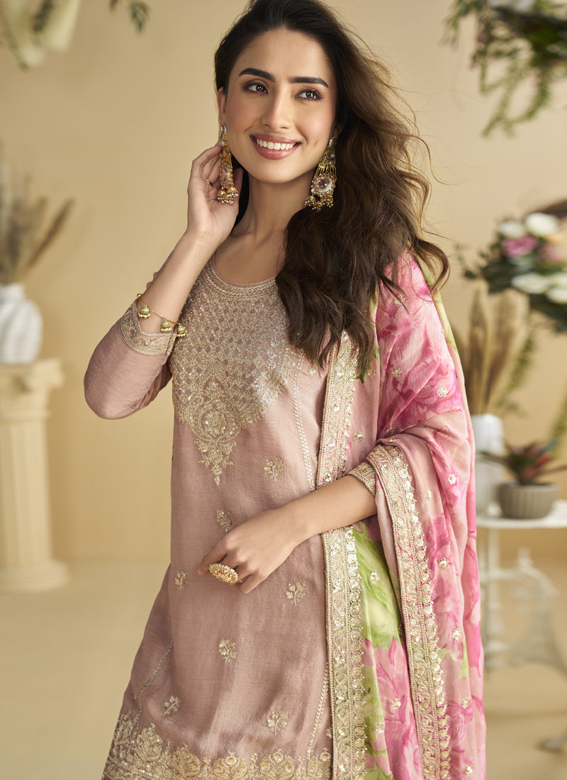 Vegaa Fashion Onion Pink Chinon Silk Embroidered Designer Palazzo Suit | Grocsy
